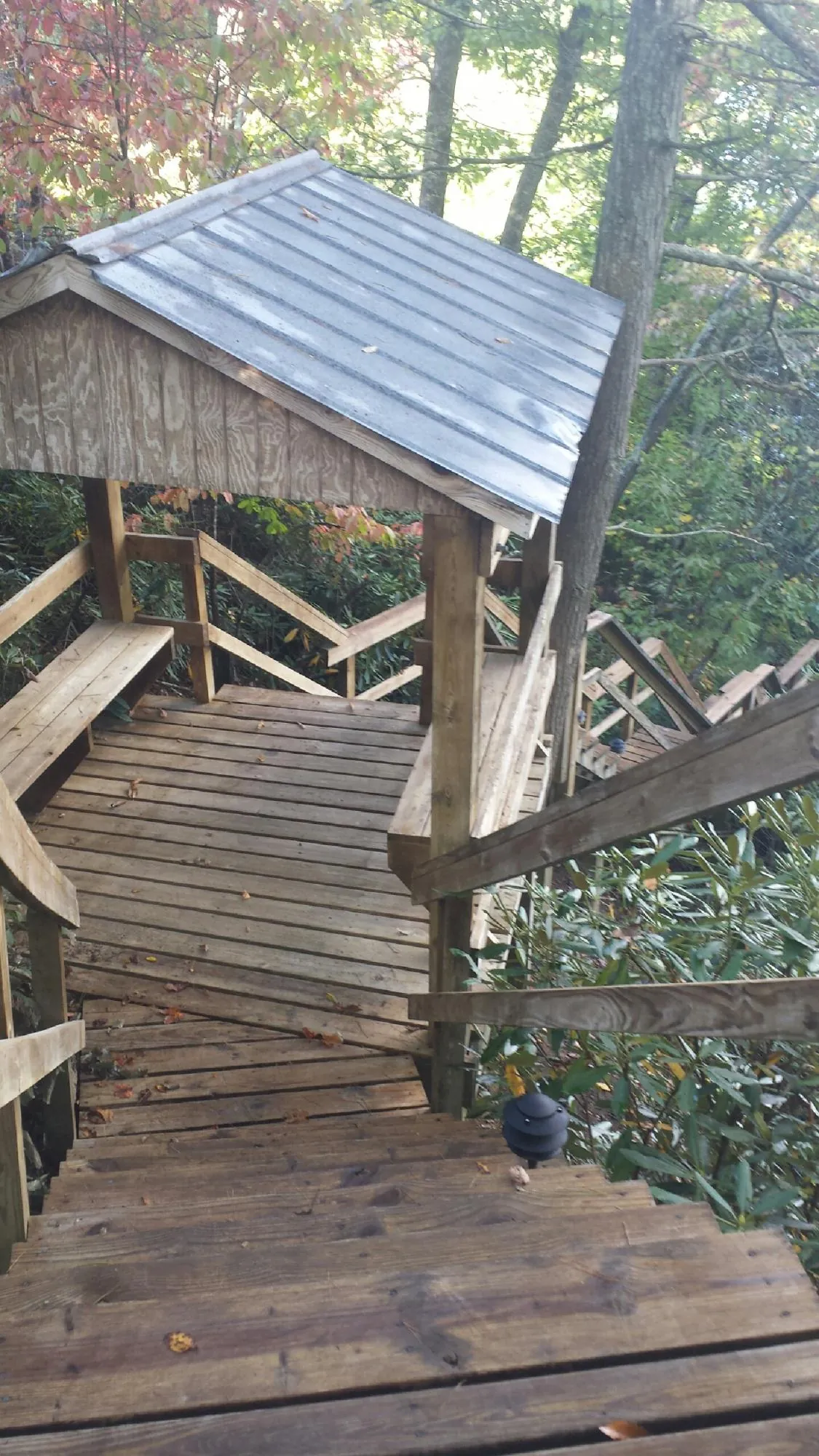 Metal roofed shelter over wooden steps on a wooded walkway — Skylight Repair & Installation work by our crew in Loxahatchee
